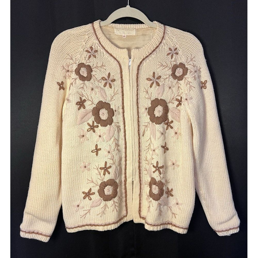 True Vintage 1950s 100% Wool Floral Embroidered Beige Zip Cardigan Sweater Boho